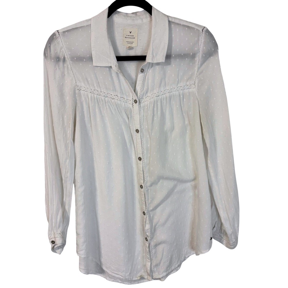American Eagle Boyfriend Button Down‎ with Swiss Dot and Crocheted Lace Details